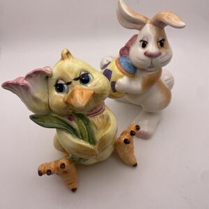 FITZ AND FLOYD Eggscapades Ceramic Bunny and Chick Salt Pepper Easter Tablescape